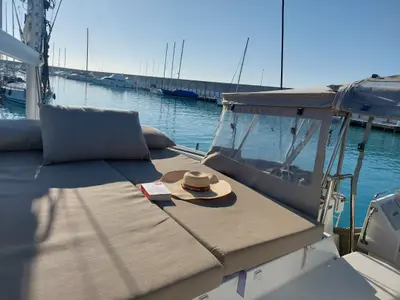 Deck of Ancora Reha, a Fountaine Pajot Saona 47 catamaran at Rosignano Solvay, Italy