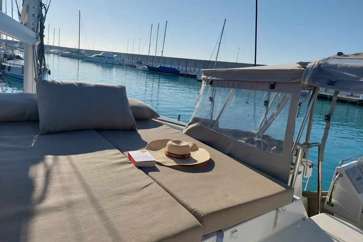 Deck of Ancora Reha, a Fountaine Pajot Saona 47 catamaran at Rosignano Solvay, Italy