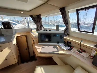 Cockpit of Ancora Reha, a Fountaine Pajot Saona 47 catamaran at Rosignano Solvay, Italy