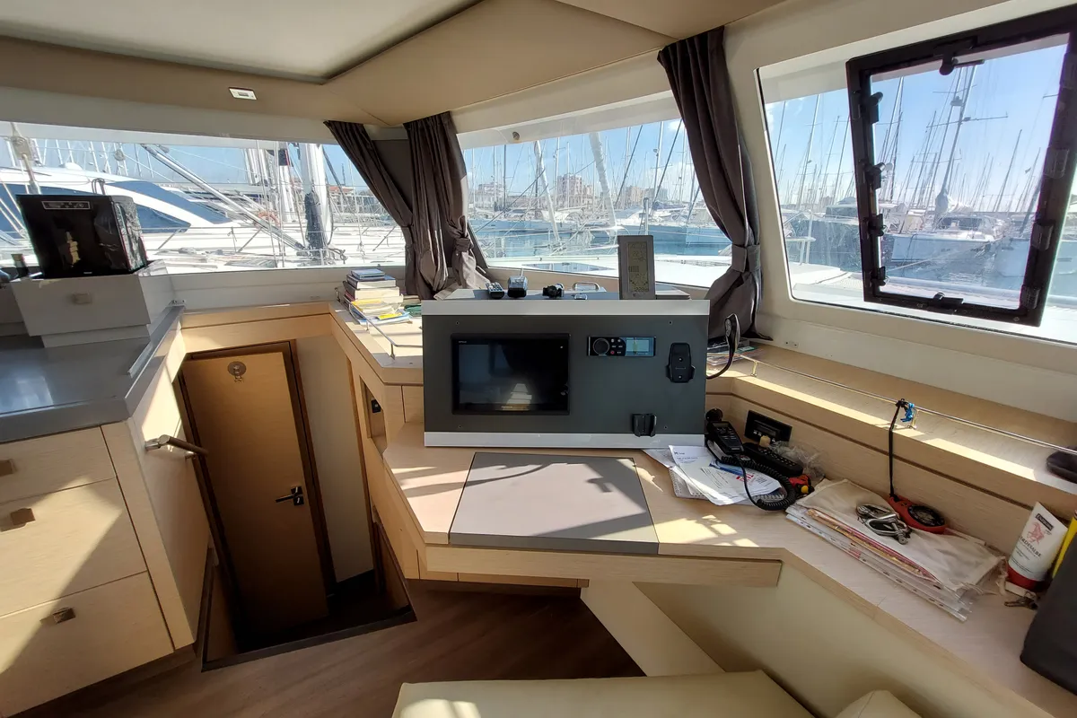 Cockpit of Ancora Reha, a Fountaine Pajot Saona 47 catamaran at Rosignano Solvay, Italy