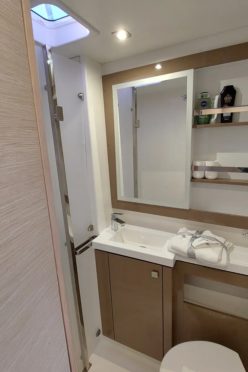 Head on Ancora Reha, a Fountaine Pajot Saona 47 catamaran at Rosignano Solvay, Italy