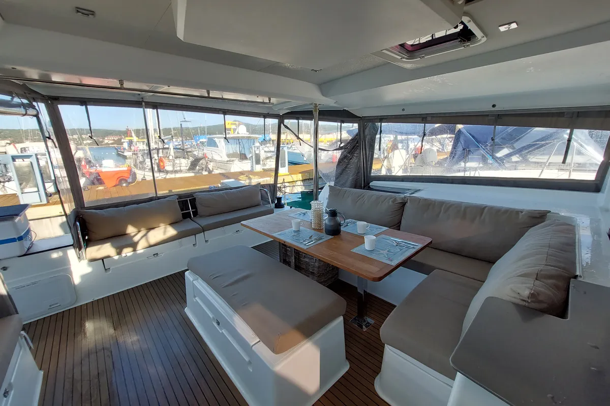 Deck of Ancora Reha, a Fountaine Pajot Saona 47 catamaran at Rosignano Solvay, Italy