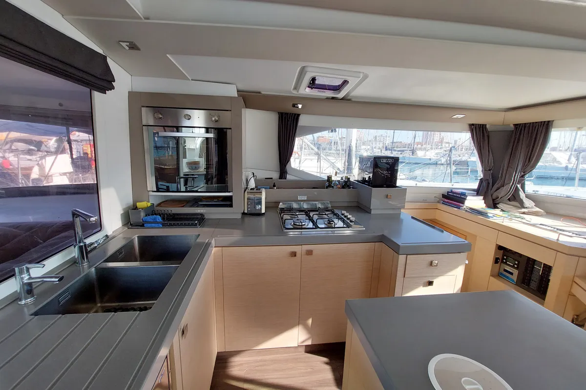 Galley of Ancora Reha, a Fountaine Pajot Saona 47 catamaran at Rosignano Solvay, Italy