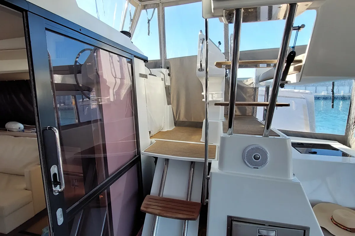 Deck of Ancora Reha, a Fountaine Pajot Saona 47 catamaran at Rosignano Solvay, Italy