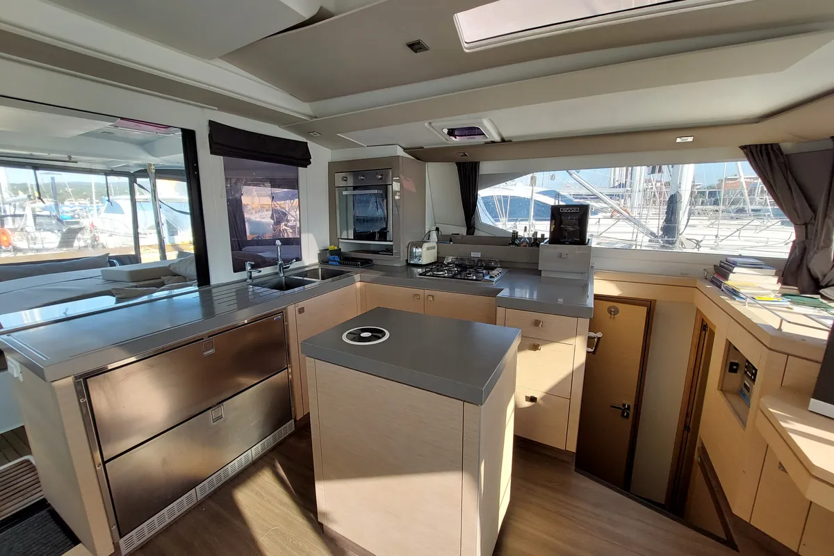 Galley of Ancora Reha, a Fountaine Pajot Saona 47 catamaran at Rosignano Solvay, Italy