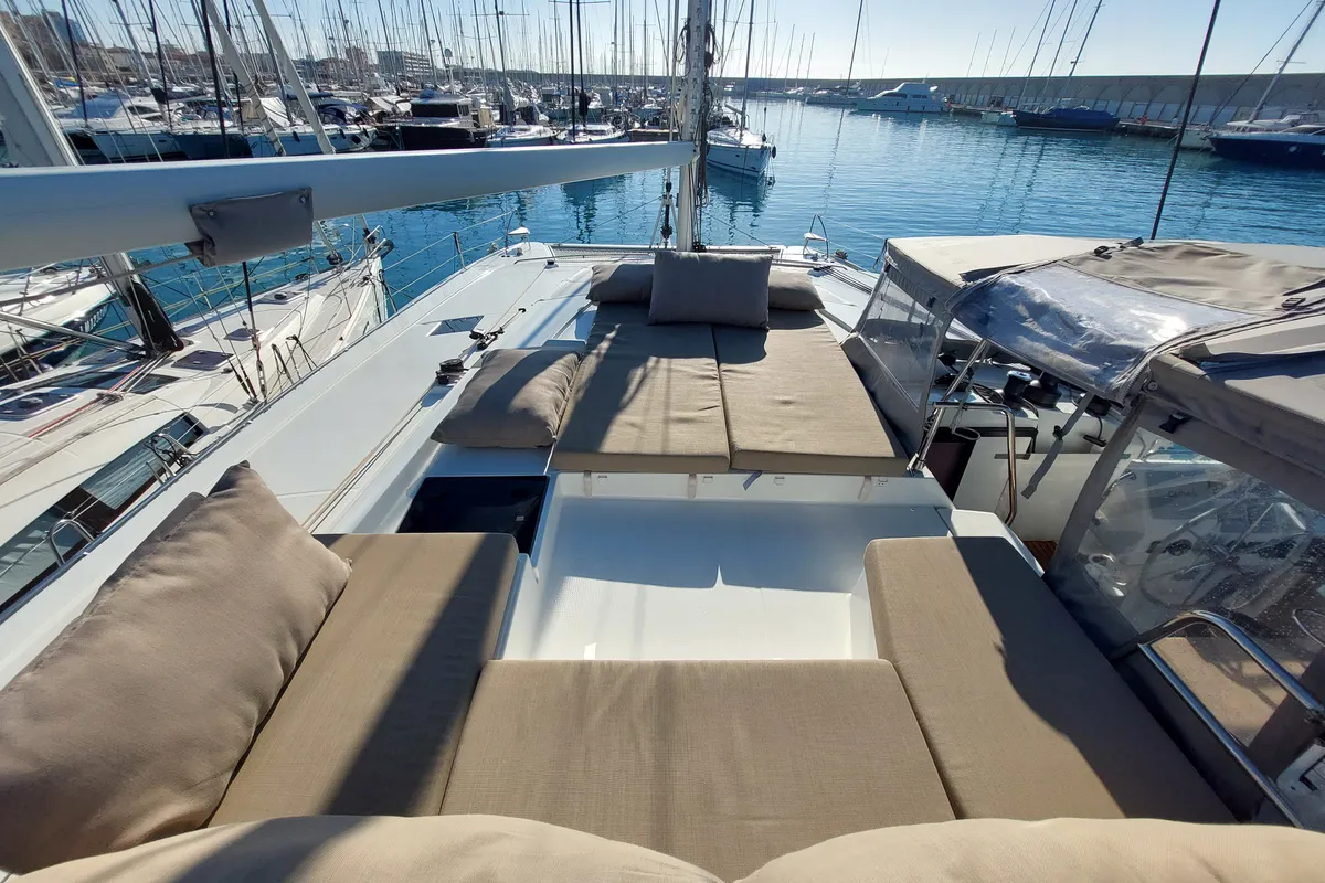 Deck of Ancora Reha, a Fountaine Pajot Saona 47 catamaran at Rosignano Solvay, Italy