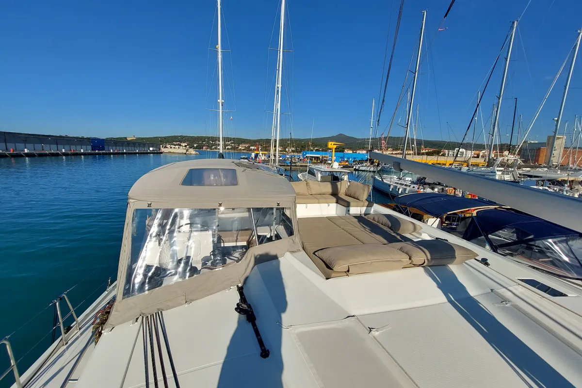 Deck of Ancora Reha, a Fountaine Pajot Saona 47 catamaran at Rosignano Solvay, Italy