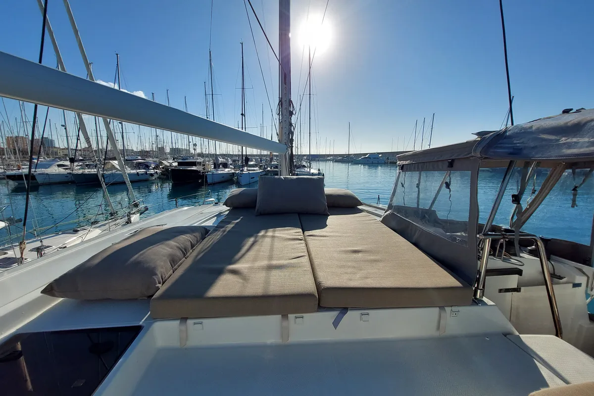 Deck of Ancora Reha, a Fountaine Pajot Saona 47 catamaran at Rosignano Solvay, Italy