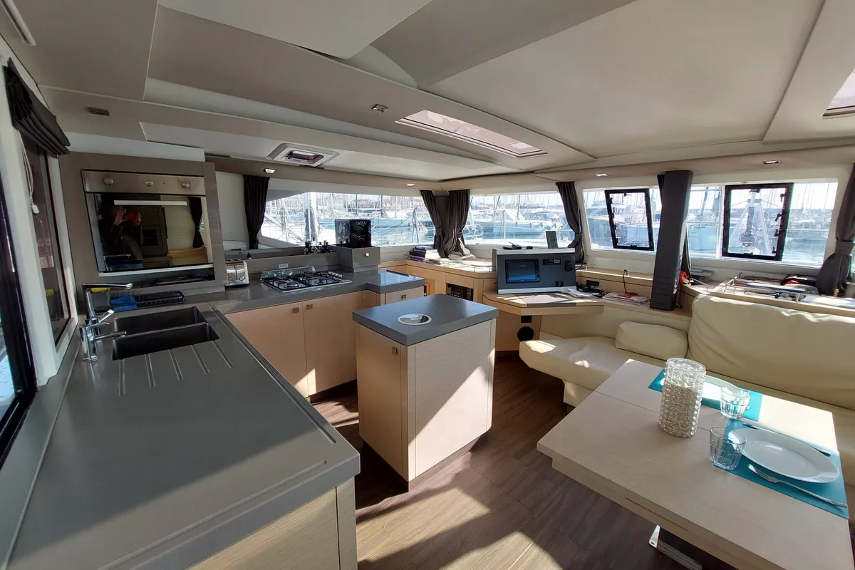 Galley of Ancora Reha, a Fountaine Pajot Saona 47 catamaran at Rosignano Solvay, Italy