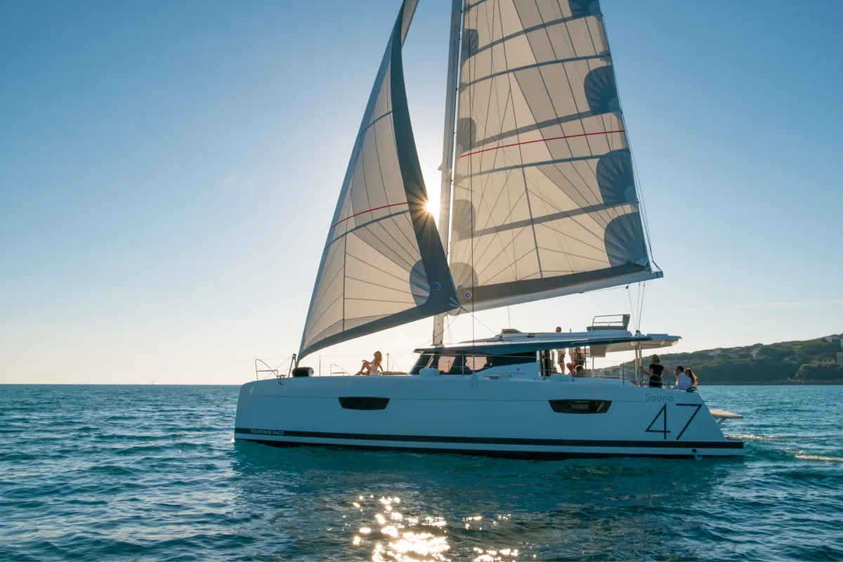 Exterior view of Ancora Reha, a Fountaine Pajot Saona 47 catamaran at Rosignano Solvay, Italy