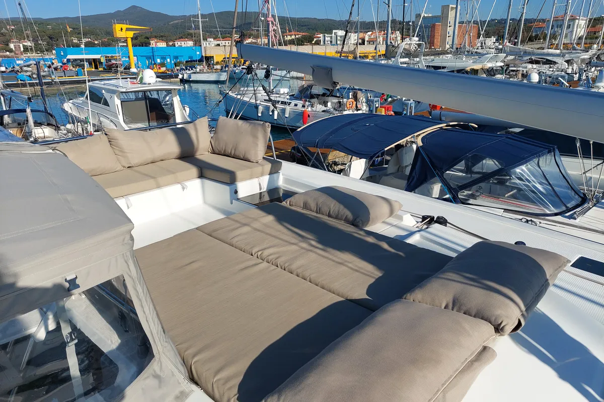 Deck of Ancora Reha, a Fountaine Pajot Saona 47 catamaran at Rosignano Solvay, Italy