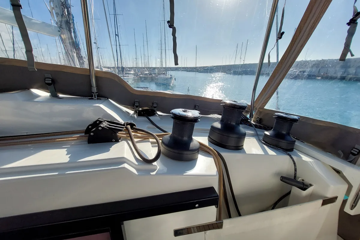 Cockpit of Ancora Reha, a Fountaine Pajot Saona 47 catamaran at Rosignano Solvay, Italy