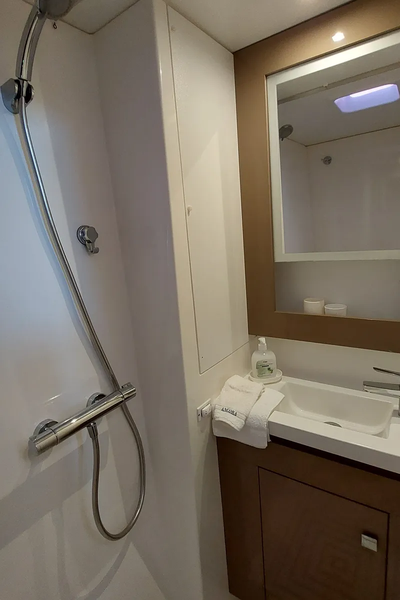 Head on Ancora Reha, a Fountaine Pajot Saona 47 catamaran at Rosignano Solvay, Italy