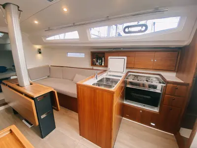 Galley of Marche Ou Reve, a J/Boats J 112 sailboat at Marseille, France
