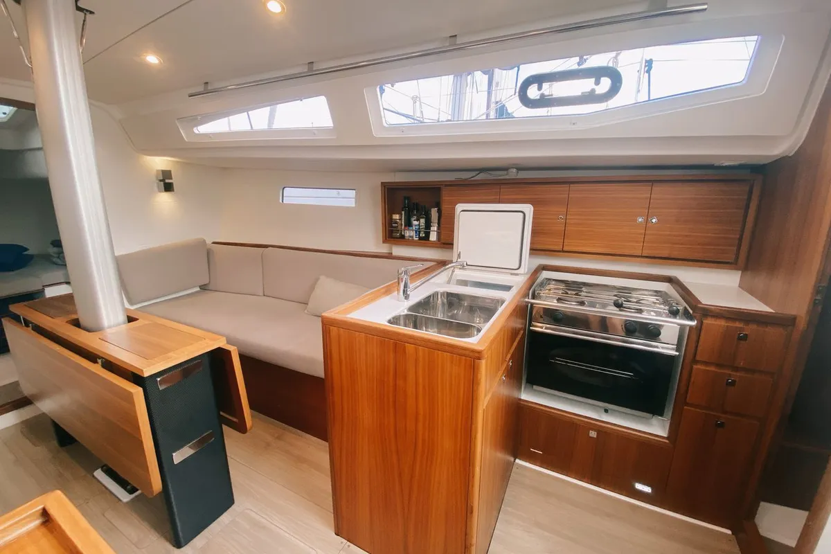 Galley of Marche Ou Reve, a J/Boats J 112 sailboat at Marseille, France