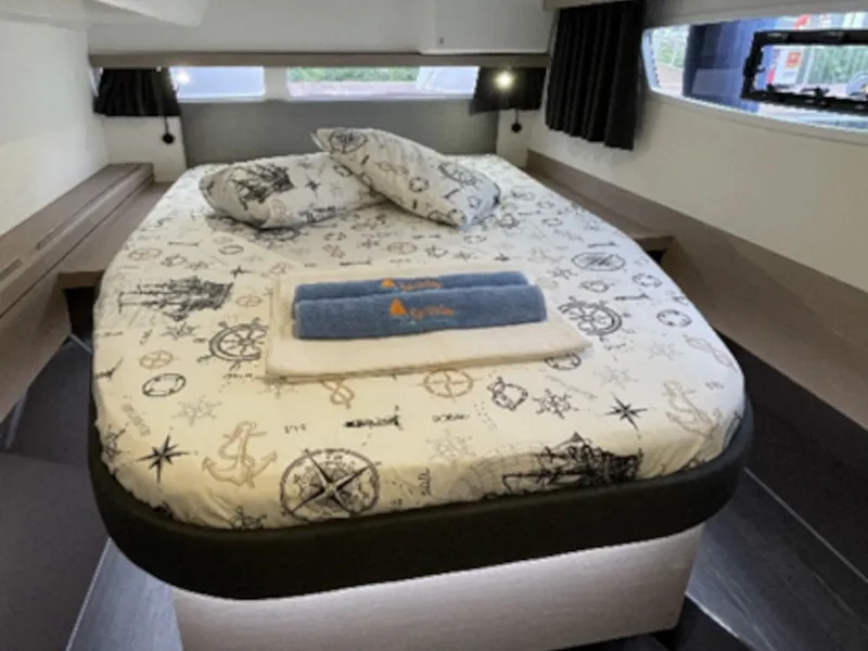 Cabin on Gazi, a Fountaine Pajot Isla 40 catamaran at Marmaris, Turkey