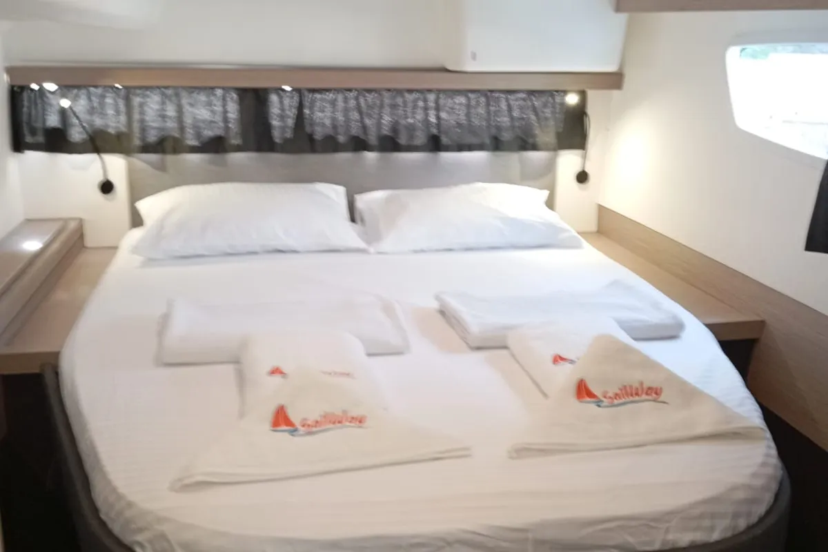 Cabin on Gazi, a Fountaine Pajot Isla 40 catamaran at Marmaris, Turkey