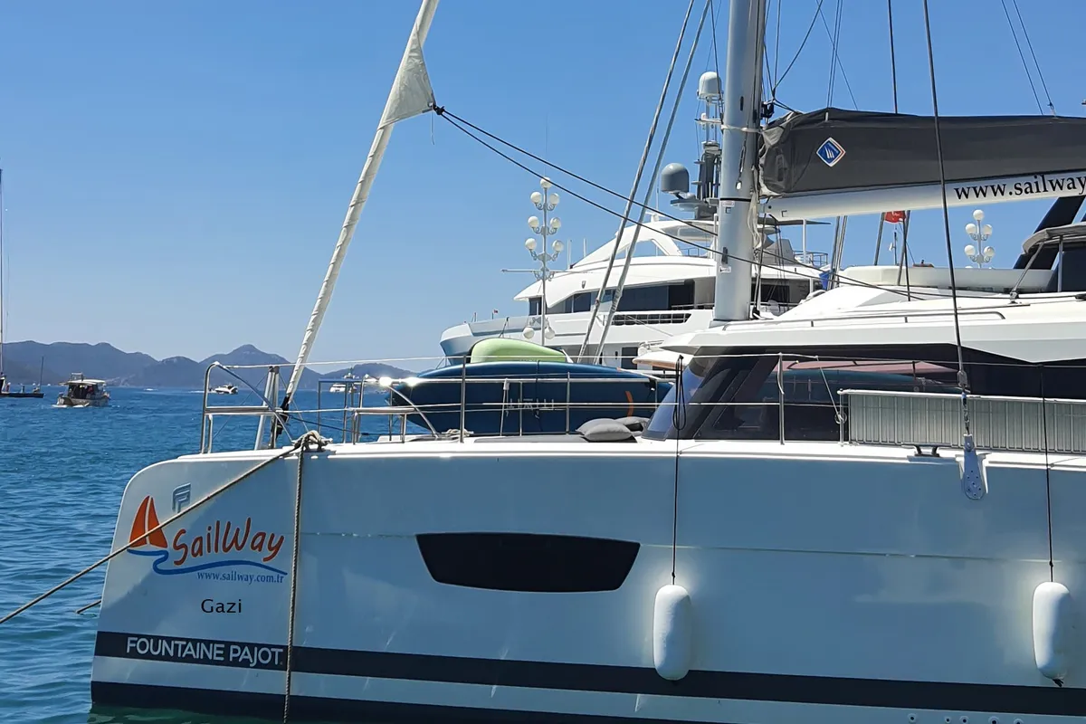 Exterior view of Gazi, a Fountaine Pajot Isla 40 catamaran at Marmaris, Turkey
