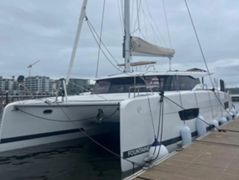 Exterior view of Gazi, a Fountaine Pajot Isla 40 catamaran at Marmaris, Turkey
