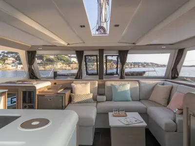 Salon of Gazi, a Fountaine Pajot Isla 40 catamaran at Marmaris, Turkey