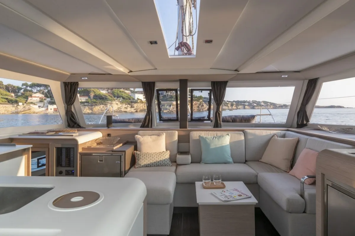 Salon of Gazi, a Fountaine Pajot Isla 40 catamaran at Marmaris, Turkey
