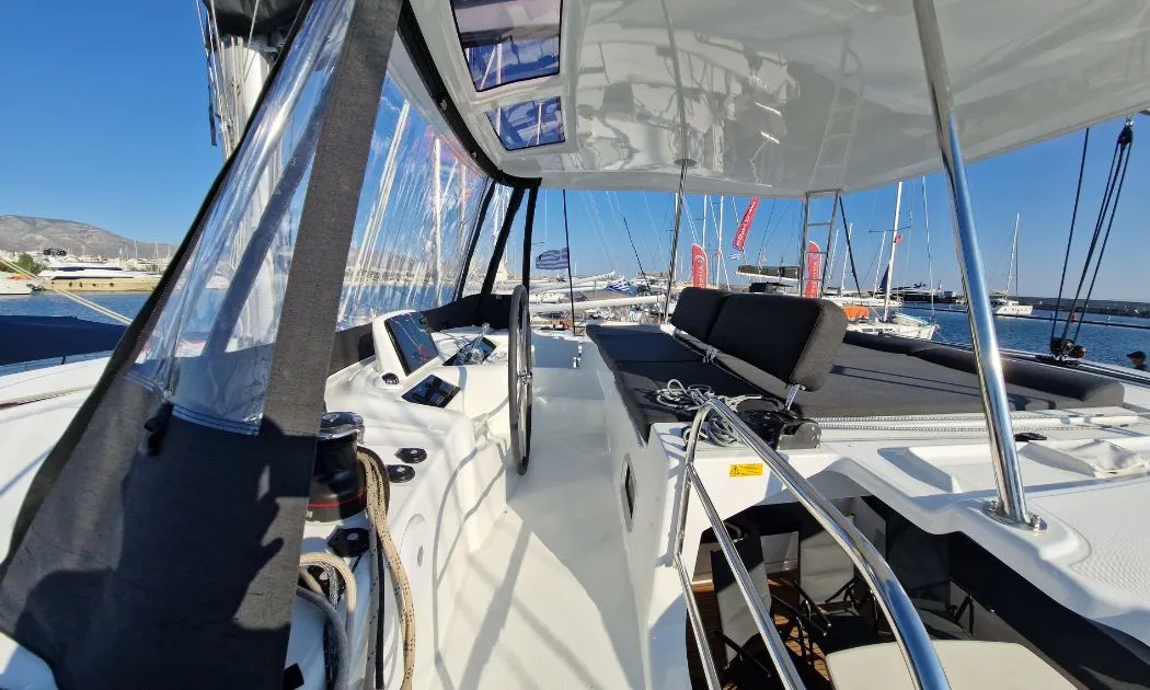 Cockpit of Celena VI, a Lagoon 46 catamaran at Kos, Greece