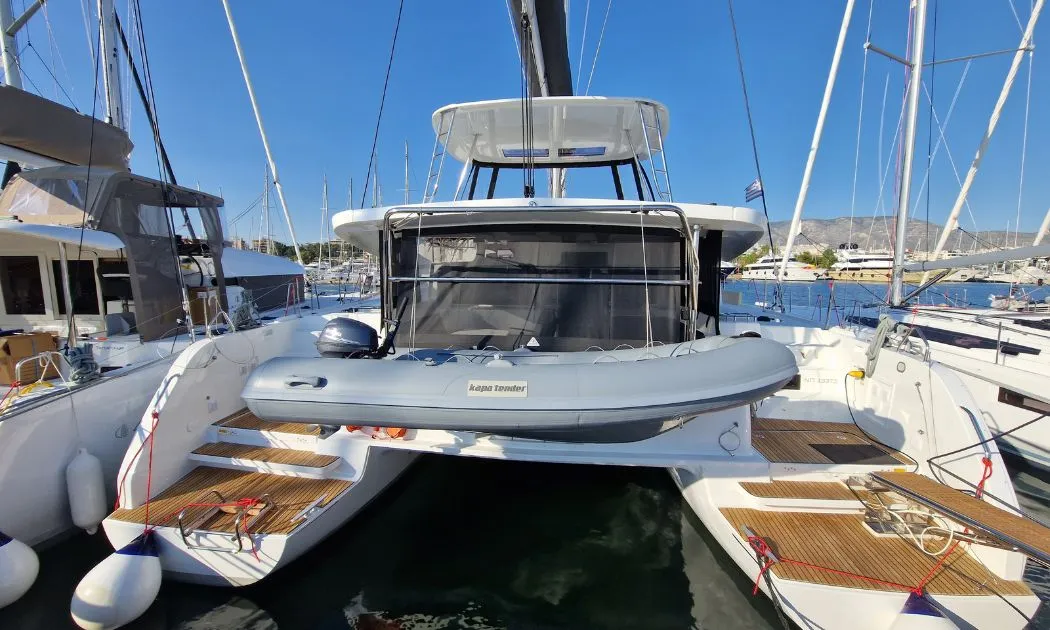 Exterior view of Celena VI, a Lagoon 46 catamaran at Kos, Greece