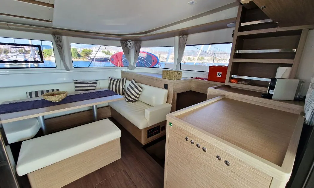Salon of Celena VI, a Lagoon 46 catamaran at Kos, Greece