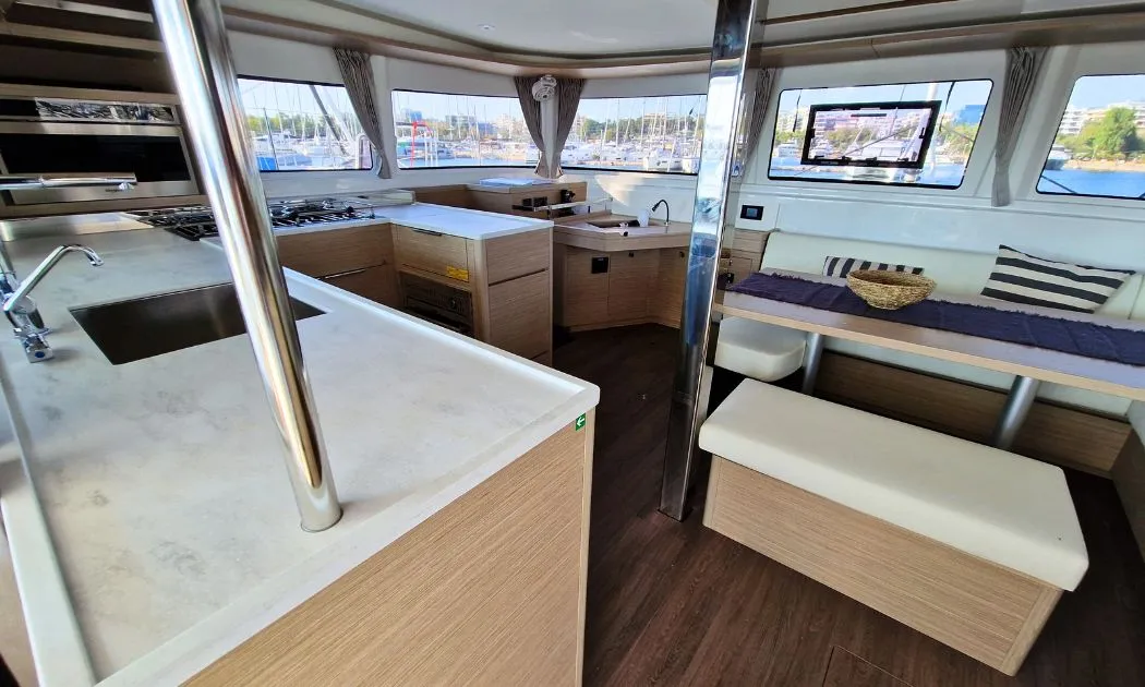 Salon of Celena VI, a Lagoon 46 catamaran at Kos, Greece
