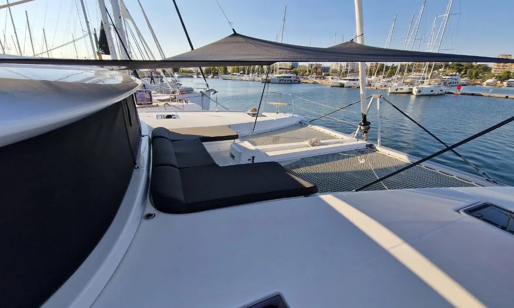 Deck of Celena VI, a Lagoon 46 catamaran at Kos, Greece