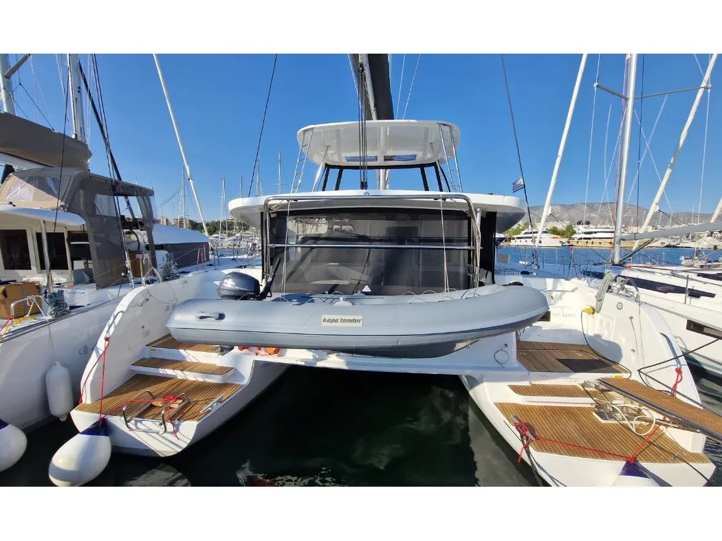 Exterior view of Celena VI, a Lagoon 46 catamaran at Kos, Greece
