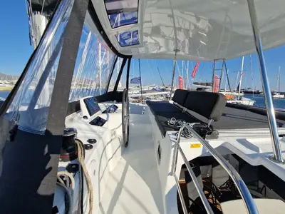 Cockpit of Celena VI, a Lagoon 46 catamaran at Kos, Greece