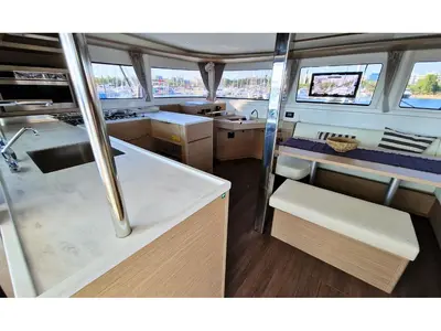 Salon of Celena VI, a Lagoon 46 catamaran at Kos, Greece