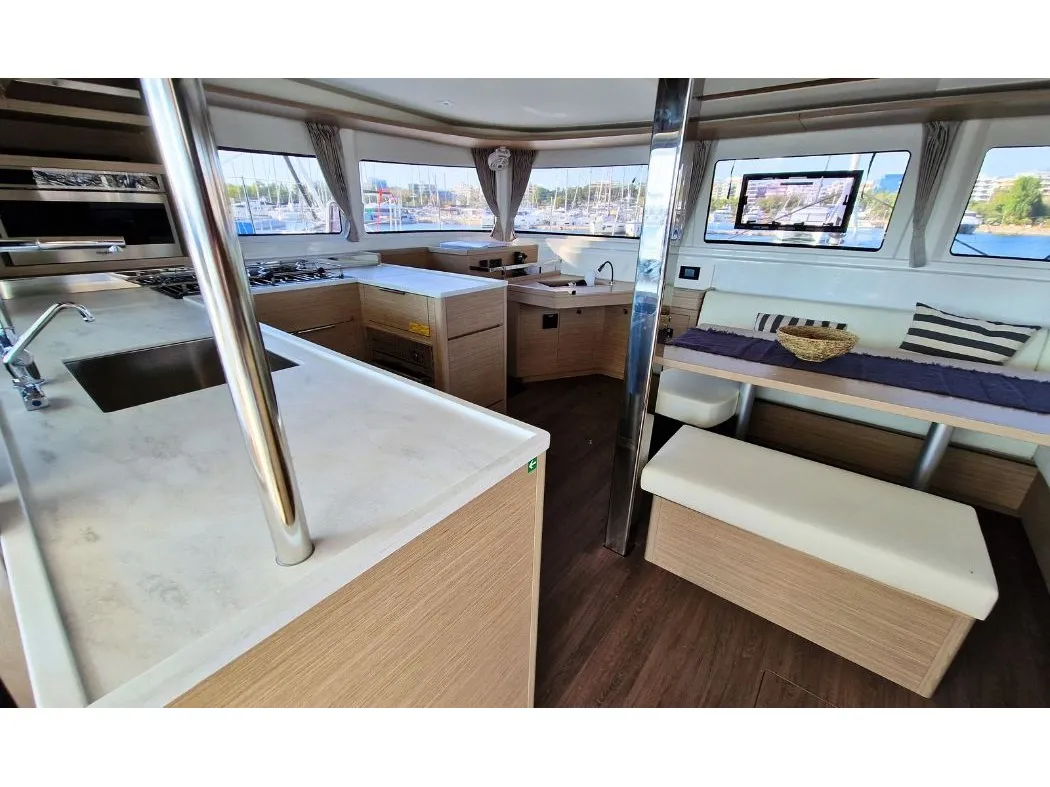 Salon of Celena VI, a Lagoon 46 catamaran at Kos, Greece