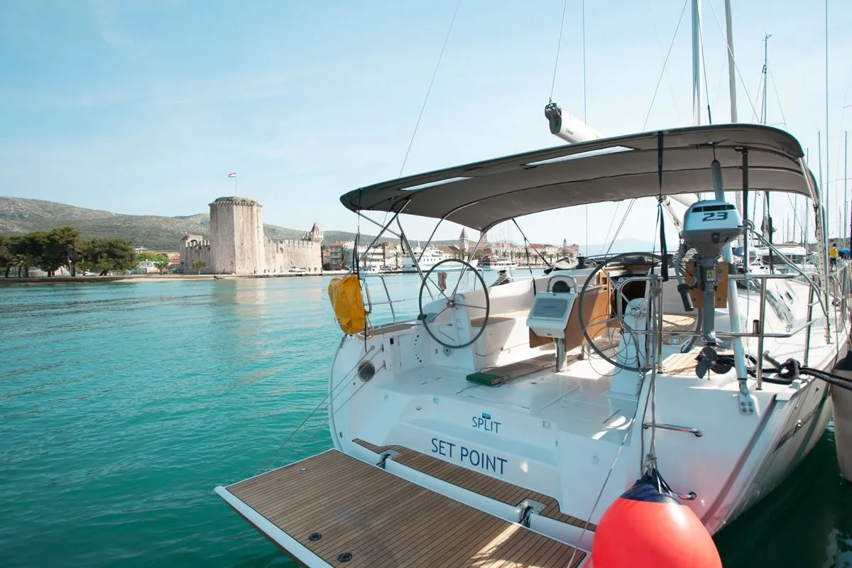 Deck of Set Point, a Bavaria Cruiser 46 sailboat at Split, Croatia