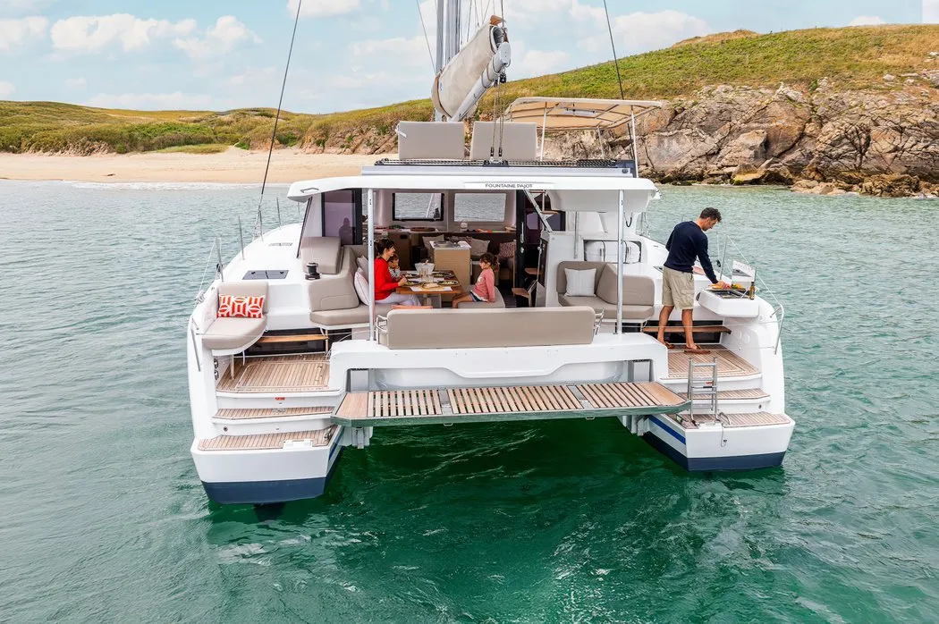 Exterior view of Barbara, a Fountaine Pajot FP 41 Quatuor 4 catamaran at Vallauris, France