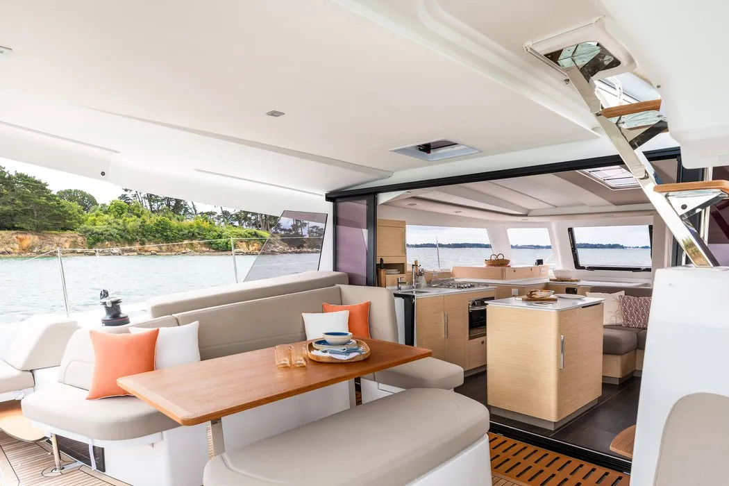 Deck of Barbara, a Fountaine Pajot FP 41 Quatuor 4 catamaran at Vallauris, France