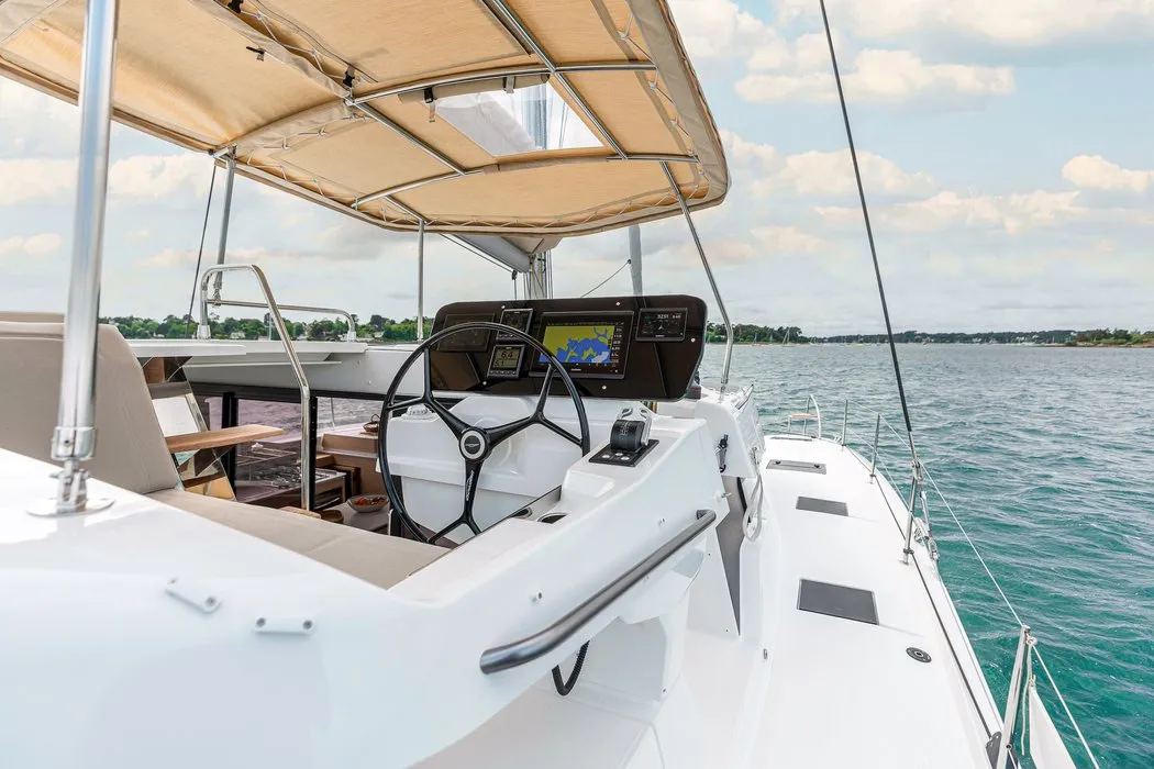 Cockpit of Barbara, a Fountaine Pajot FP 41 Quatuor 4 catamaran at Vallauris, France