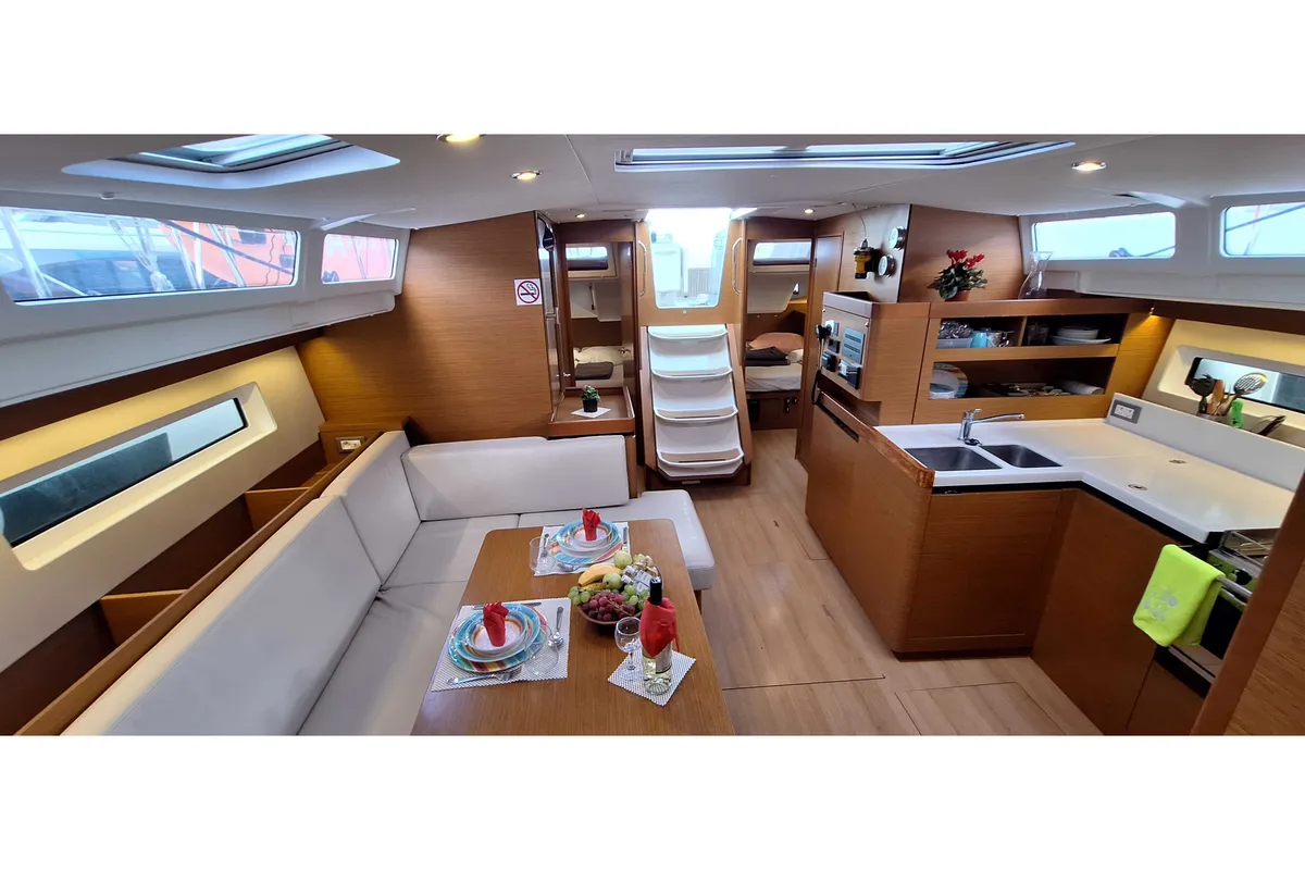 Salon of Lady Flora II, a Jeanneau Sun Odyssey 490 sailboat at Municipal Unit of Lefkada, Greece