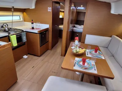Salon of Lady Flora II, a Jeanneau Sun Odyssey 490 sailboat at Municipal Unit of Lefkada, Greece