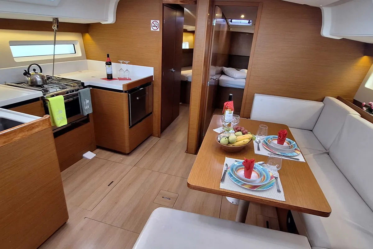 Salon of Lady Flora II, a Jeanneau Sun Odyssey 490 sailboat at Municipal Unit of Lefkada, Greece