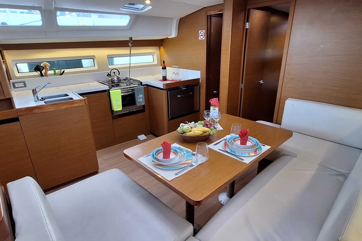 Galley of Lady Flora II, a Jeanneau Sun Odyssey 490 sailboat at Municipal Unit of Lefkada, Greece