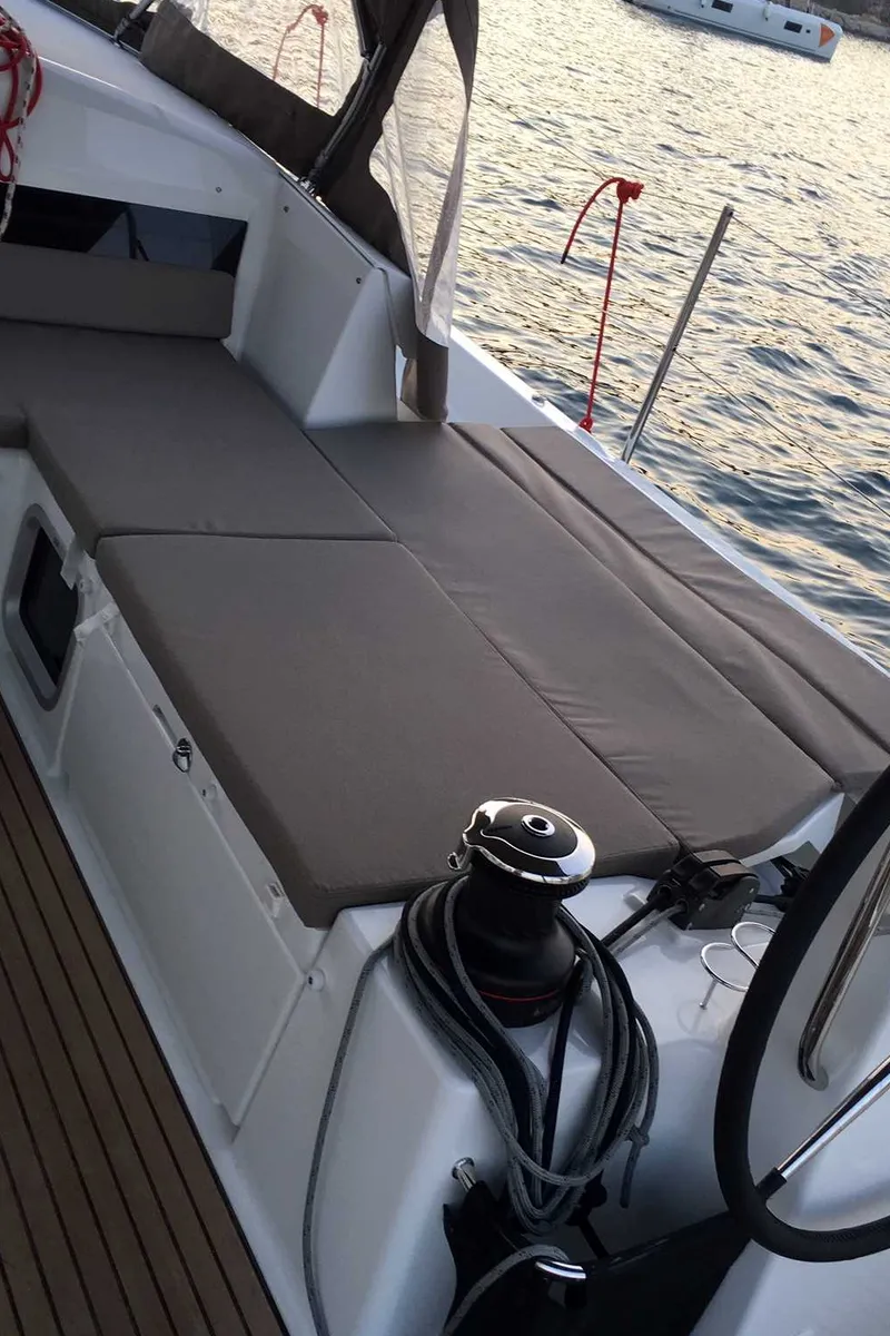 Deck of Lady Flora II, a Jeanneau Sun Odyssey 490 sailboat at Municipal Unit of Lefkada, Greece