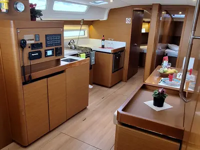 Galley of Lady Flora II, a Jeanneau Sun Odyssey 490 sailboat at Municipal Unit of Lefkada, Greece