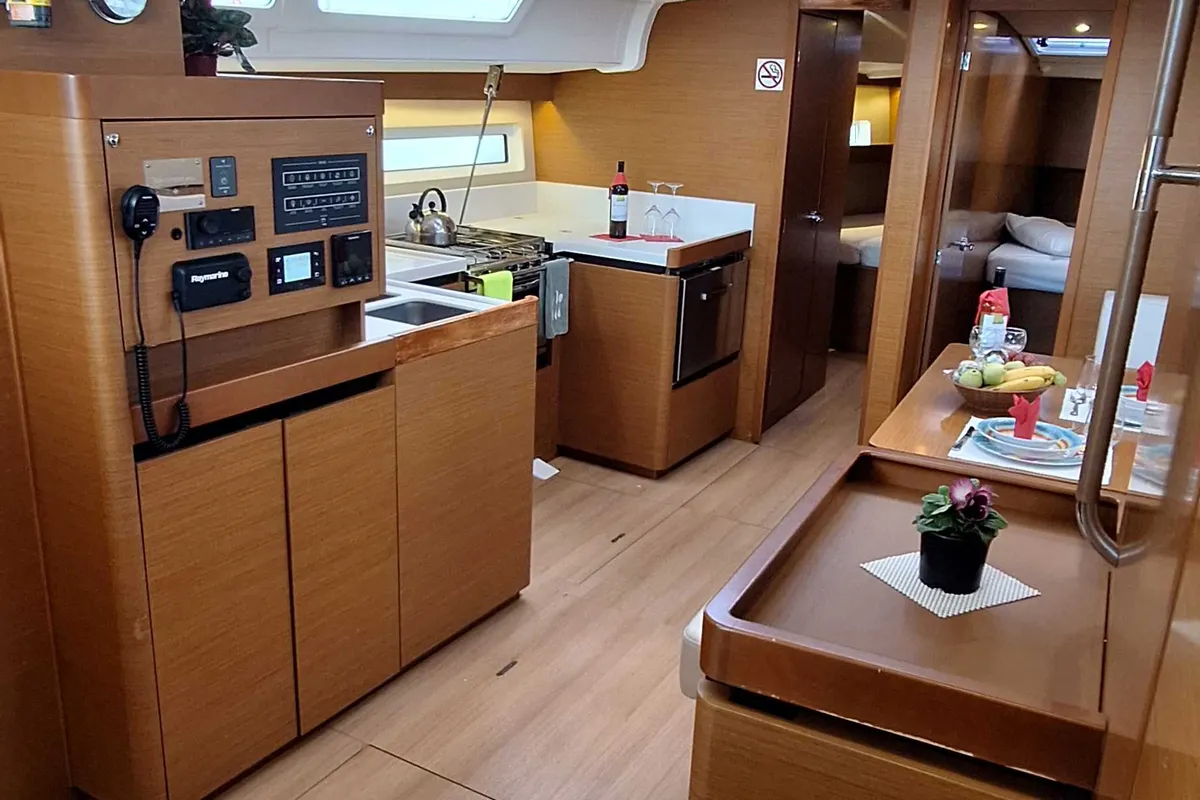 Galley of Lady Flora II, a Jeanneau Sun Odyssey 490 sailboat at Municipal Unit of Lefkada, Greece