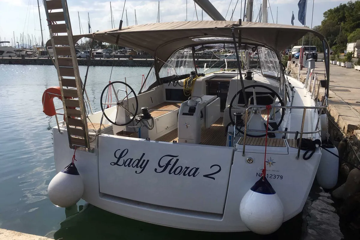 Cockpit of Lady Flora II, a Jeanneau Sun Odyssey 490 sailboat at Municipal Unit of Lefkada, Greece