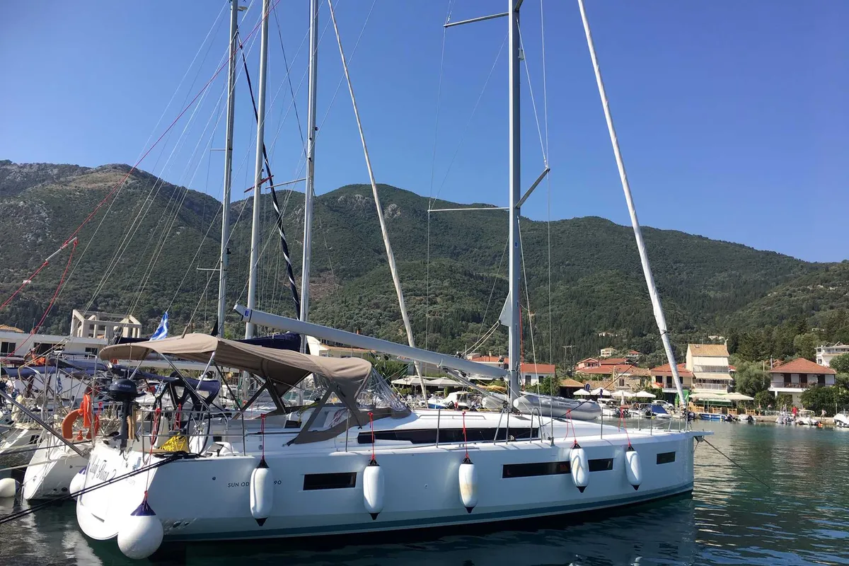 Exterior view of Lady Flora II, a Jeanneau Sun Odyssey 490 sailboat at Municipal Unit of Lefkada, Greece
