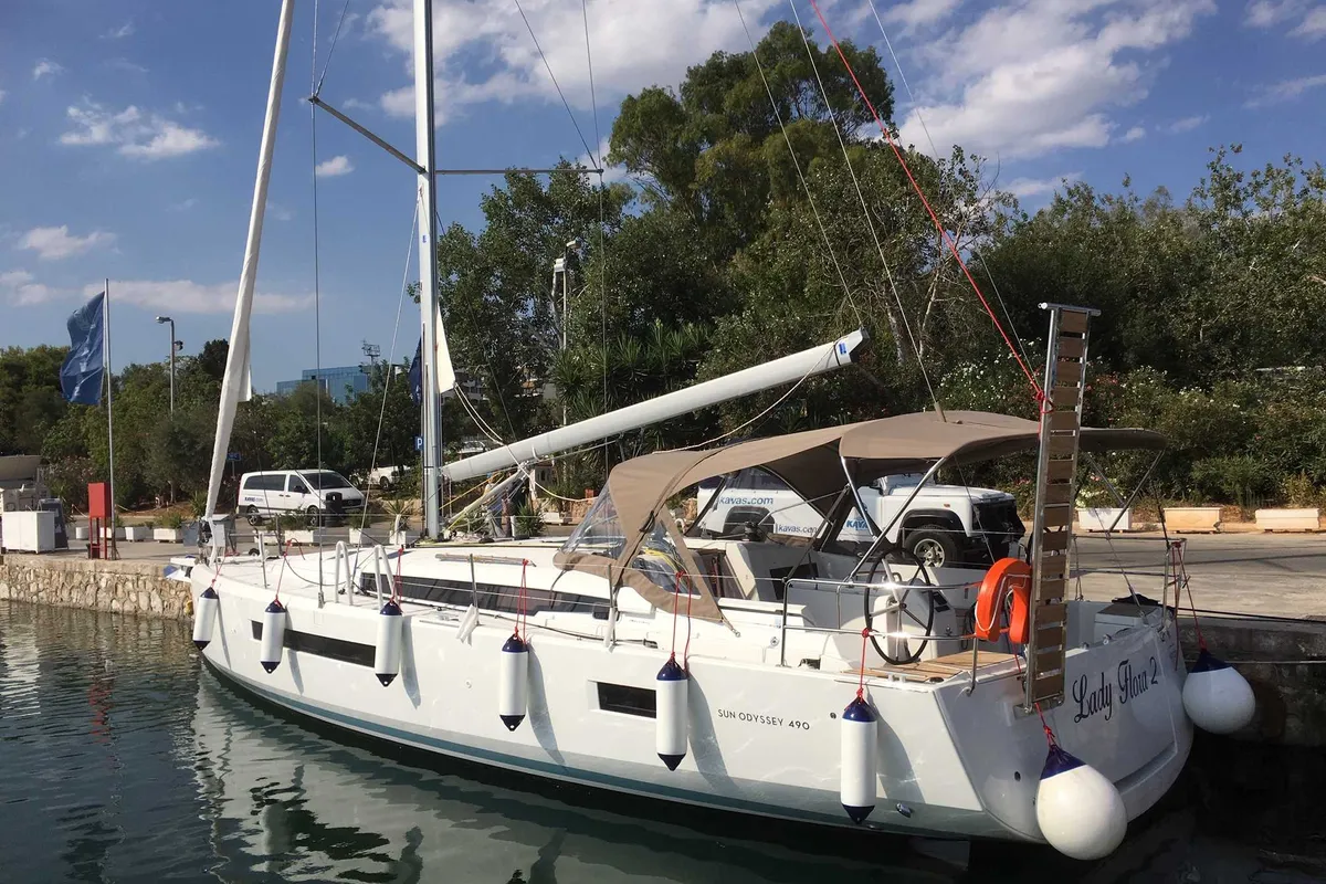 Exterior view of Lady Flora II, a Jeanneau Sun Odyssey 490 sailboat at Municipal Unit of Lefkada, Greece