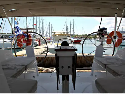 Cockpit of Lenco, a Bavaria Cruiser 46 sailboat at Kontokali, Greece
