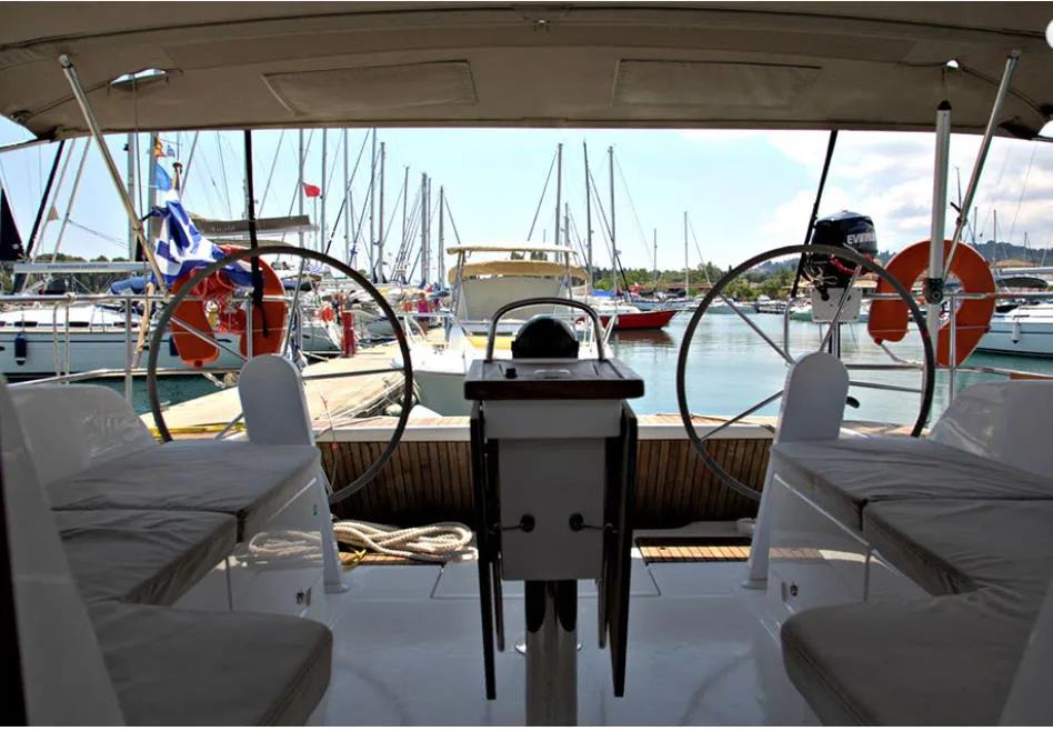 Cockpit of Lenco, a Bavaria Cruiser 46 sailboat at Kontokali, Greece